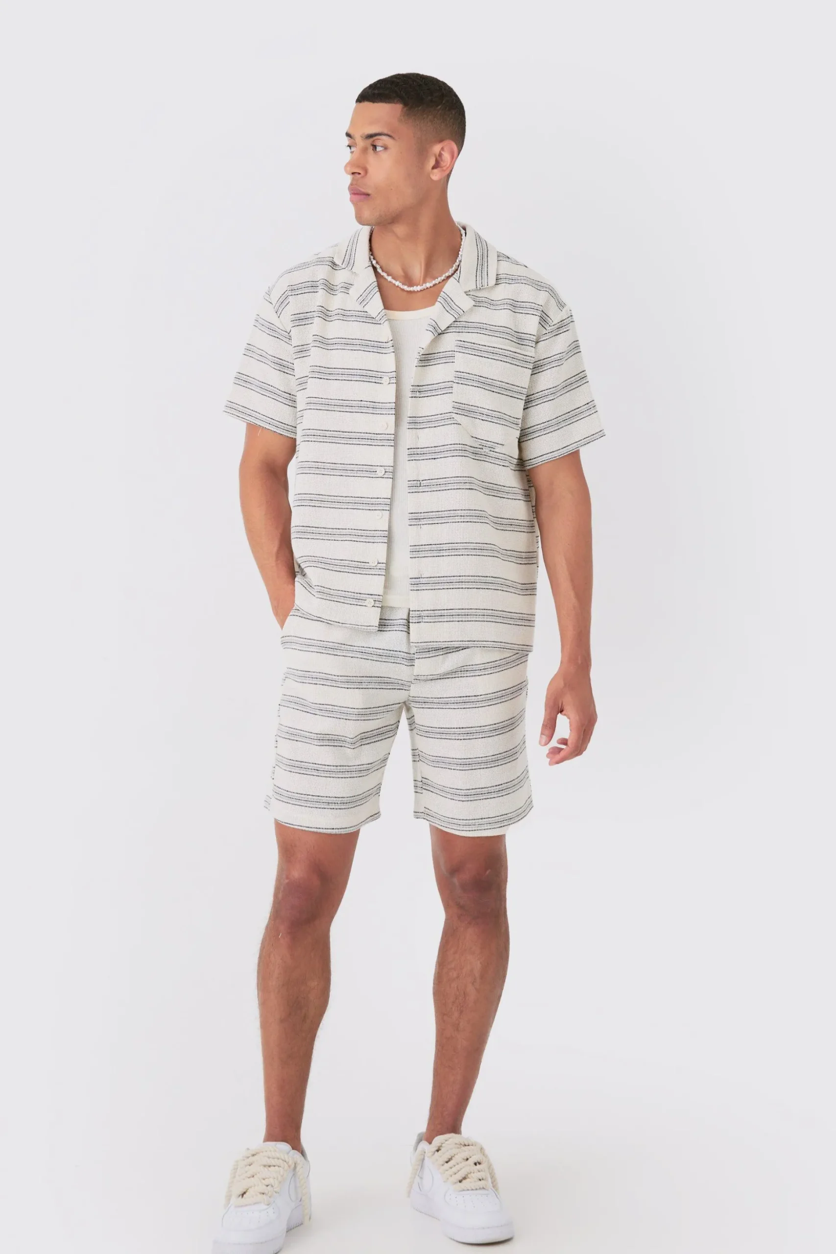 Boxy Short Sleeve Open Weave Shirt & Short Set | BoohooMAN UK