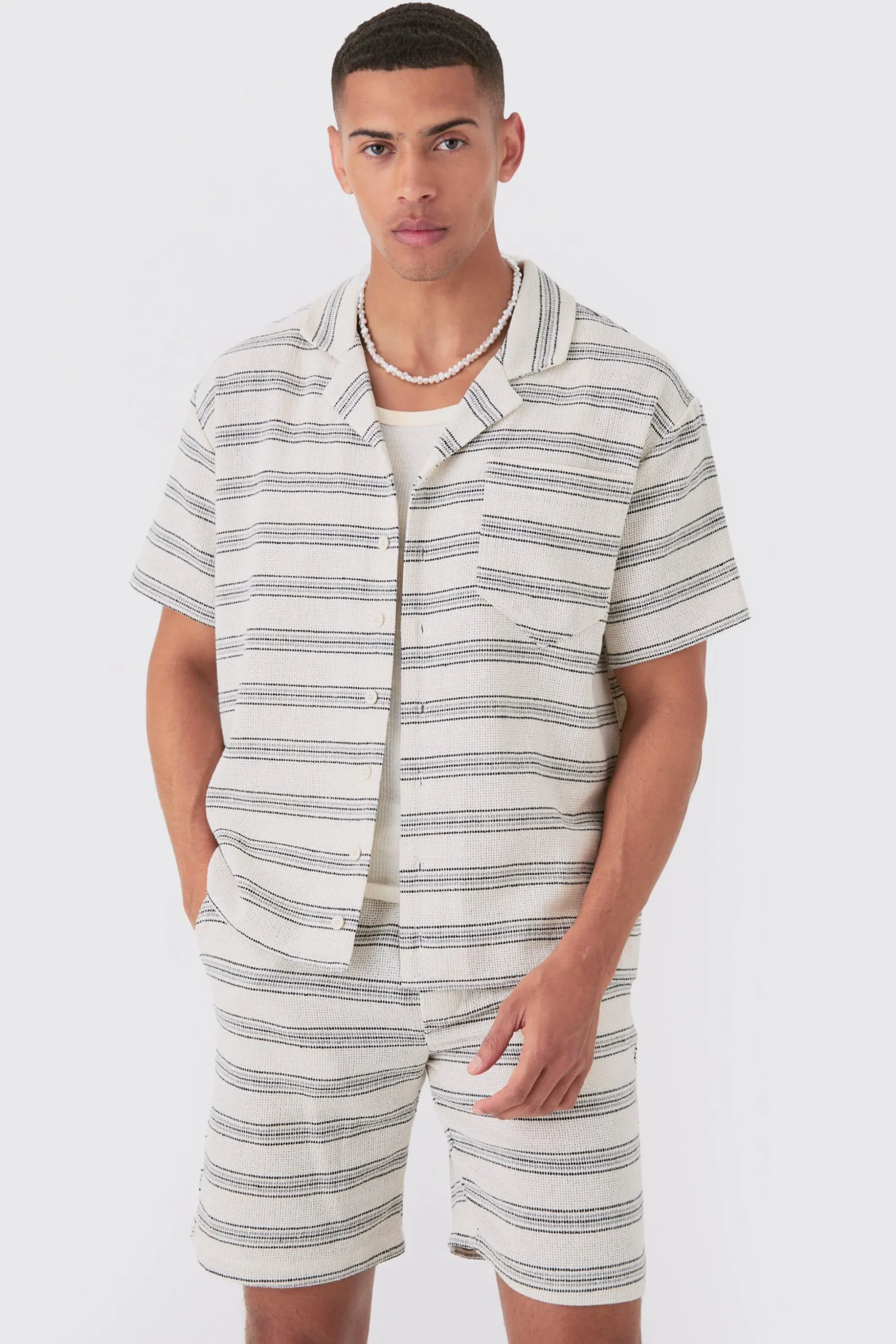 Boxy Short Sleeve Open Weave Shirt & Short Set | BoohooMAN UK