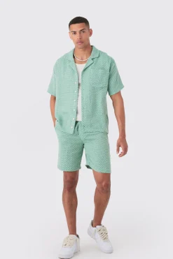 Boxy Short Sleeve Open Weave Shirt & Short Set | BoohooMAN UK