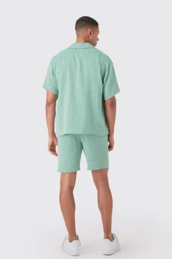Boxy Short Sleeve Open Weave Shirt & Short Set | BoohooMAN UK