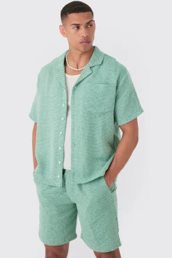 Boxy Short Sleeve Open Weave Shirt & Short Set | BoohooMAN UK