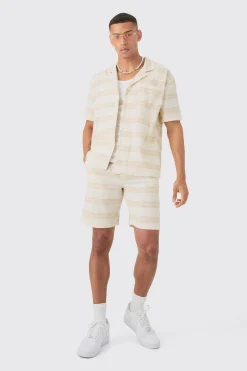 Boxy Short Sleeve Open Weave Shirt & Short Set | BoohooMAN UK
