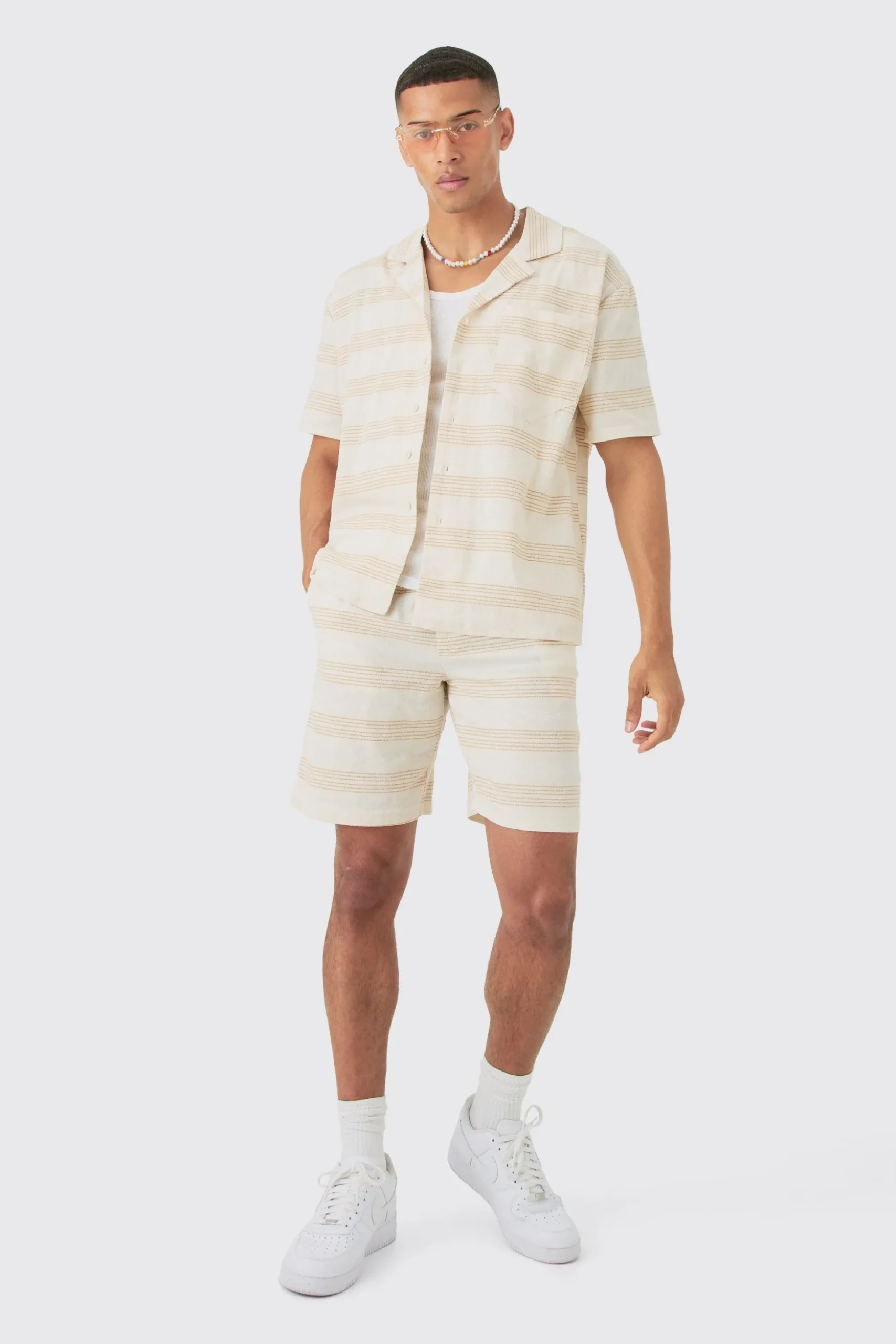 Boxy Short Sleeve Open Weave Shirt & Short Set | BoohooMAN UK