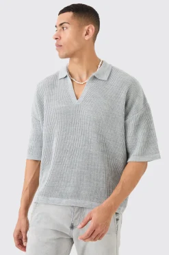 Boxy Short Sleeve Ribbed Knit Polo | BoohooMAN UK
