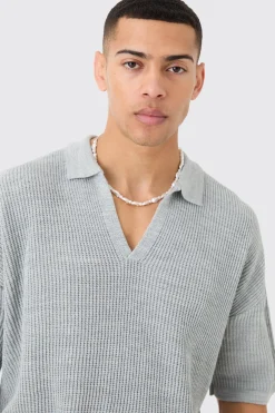 Boxy Short Sleeve Ribbed Knit Polo | BoohooMAN UK