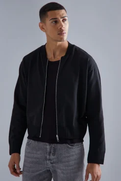 Boxy Smart Knitted Bomber | BoohooMAN UK