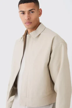Boxy Smart Ribbed Twill Harrington Jacket | BoohooMAN UK