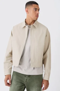 Boxy Smart Ribbed Twill Harrington Jacket | BoohooMAN UK