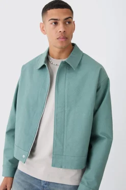 Boxy Smart Ribbed Twill Harrington Jacket | BoohooMAN UK