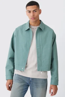 Boxy Smart Ribbed Twill Harrington Jacket | BoohooMAN UK
