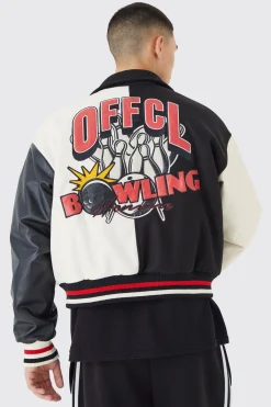 Boxy Spliced Melton & Pu Varsity Jacket | BoohooMAN UK