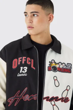 Boxy Spliced Melton & Pu Varsity Jacket | BoohooMAN UK
