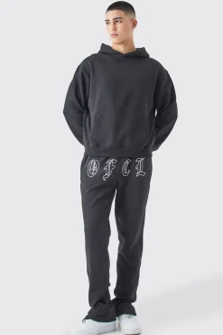Boxy Split Hem Ofcl Back Graphic Hooded Tracksuit | BoohooMAN UK