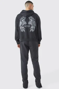 Boxy Split Hem Ofcl Back Graphic Hooded Tracksuit | BoohooMAN UK