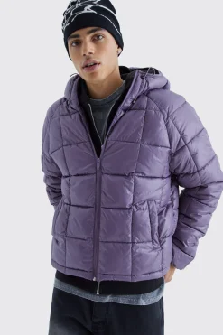 Boxy Square Quilted Puffer With Hood | BoohooMAN UK