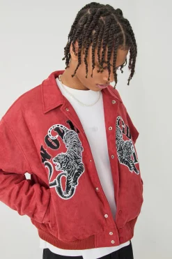 Boxy Suede Embroidered Varsity Jacket | BoohooMAN UK