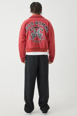 Boxy Suede Embroidered Varsity Jacket | BoohooMAN UK