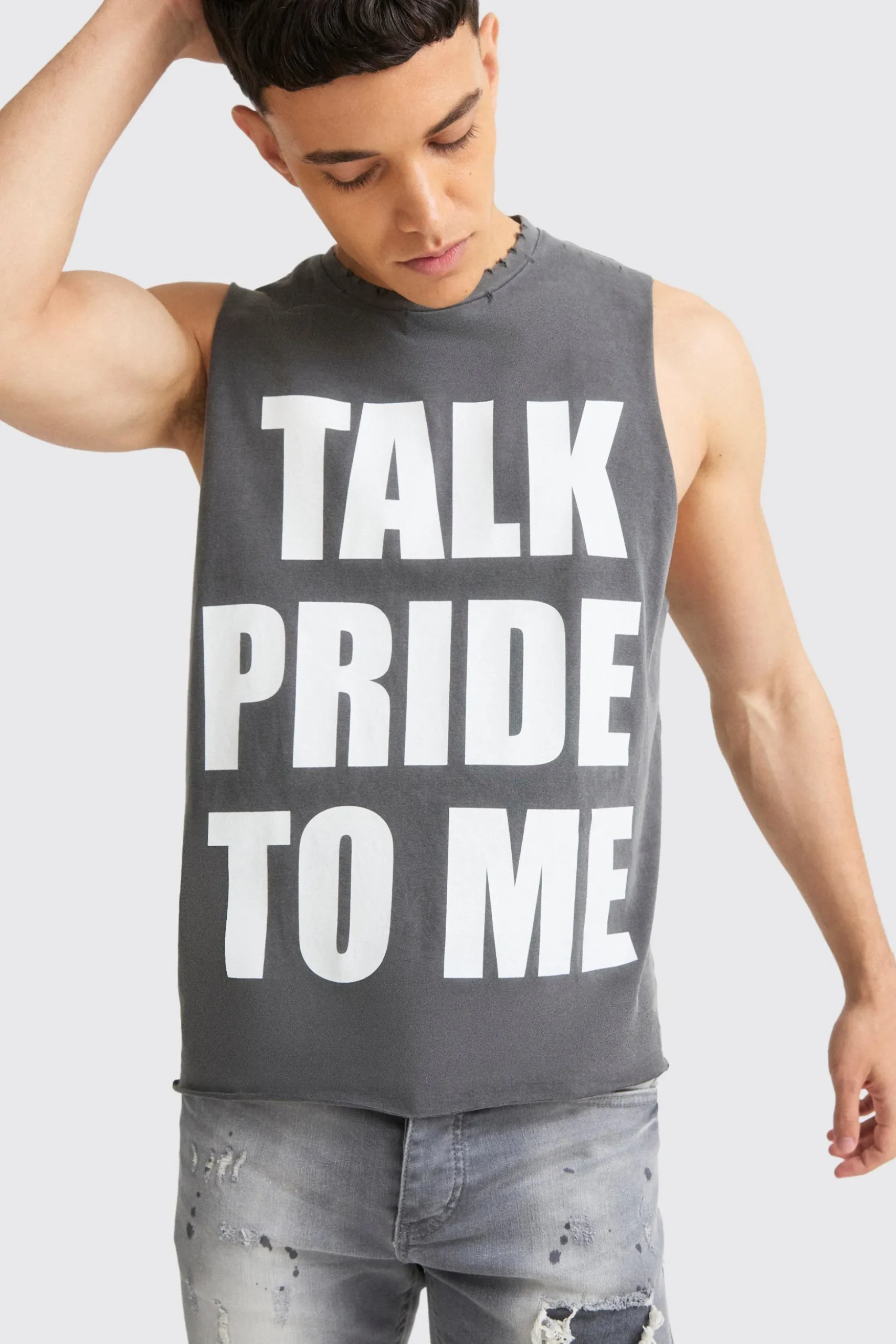 Boxy Talk Pride To Me Distressed Tank | BoohooMAN UK