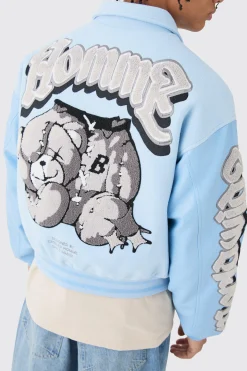 Boxy Teddy Applique Bomber | BoohooMAN UK
