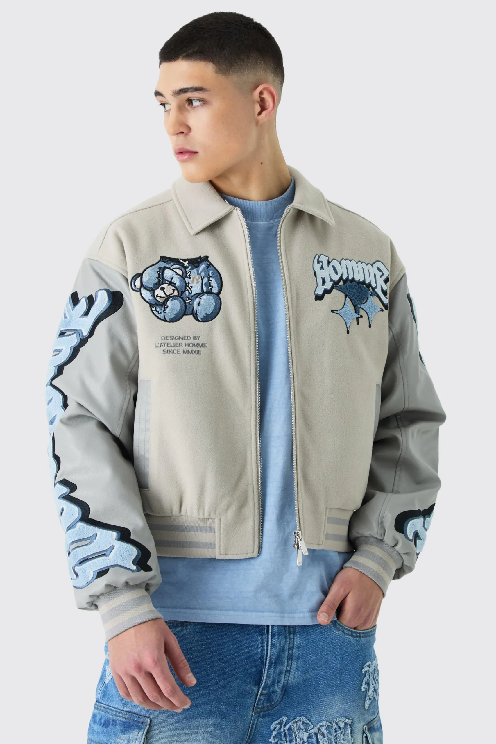 Boxy Teddy Applique Bomber | BoohooMAN UK