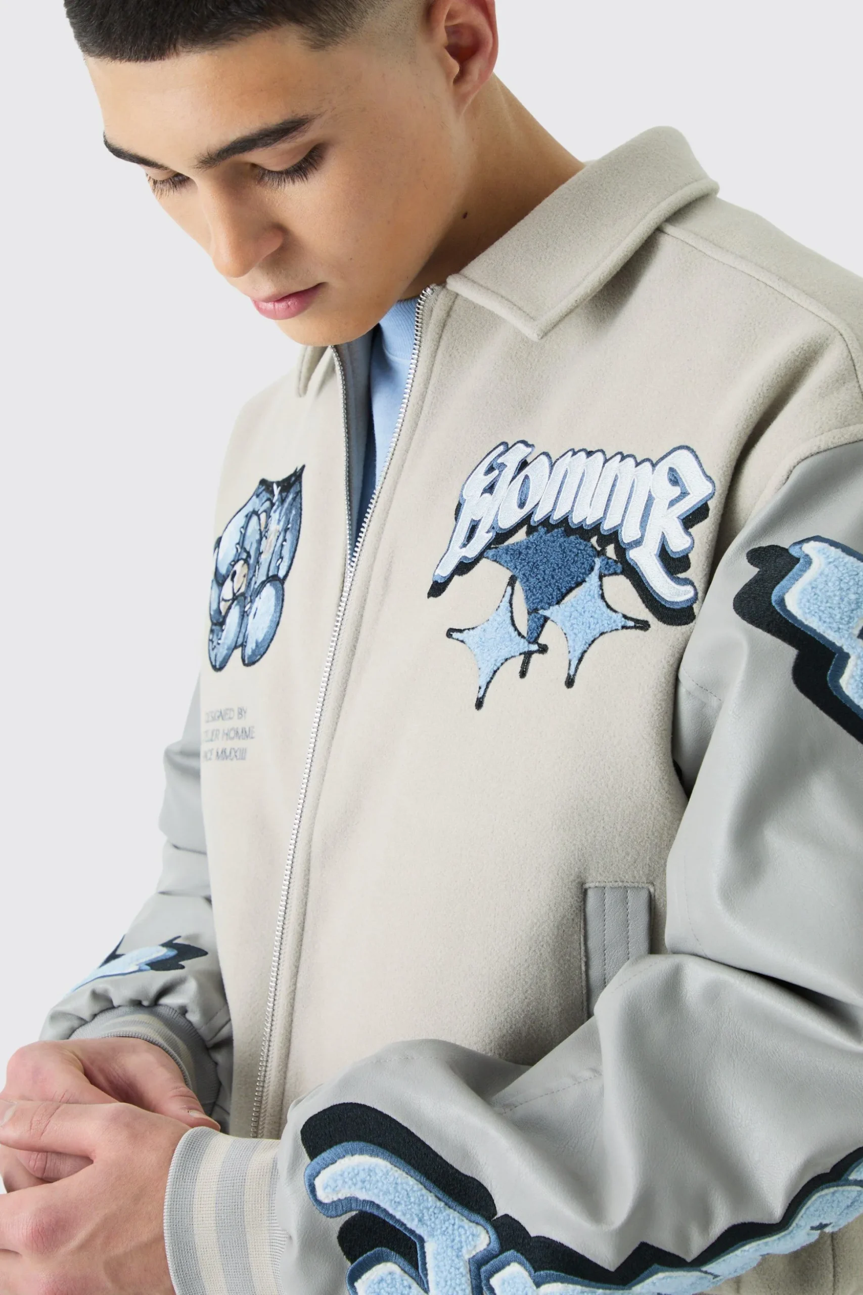 Boxy Teddy Applique Bomber | BoohooMAN UK
