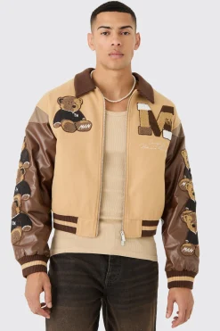 Boxy Teddy Badge Knitted Collar Varsity Jacket | BoohooMAN UK
