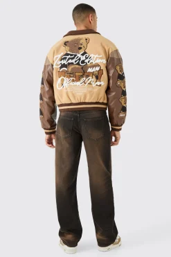Boxy Teddy Badge Knitted Collar Varsity Jacket | BoohooMAN UK