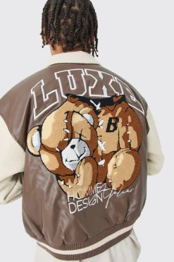 Boxy Teddy Varsity Jacket With Boucle Sleeves | BoohooMAN UK