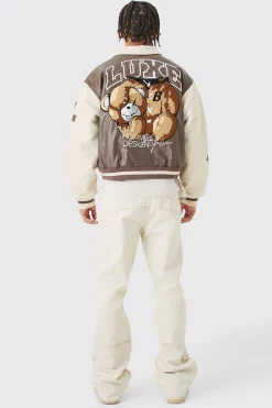 Boxy Teddy Varsity Jacket With Boucle Sleeves | BoohooMAN UK