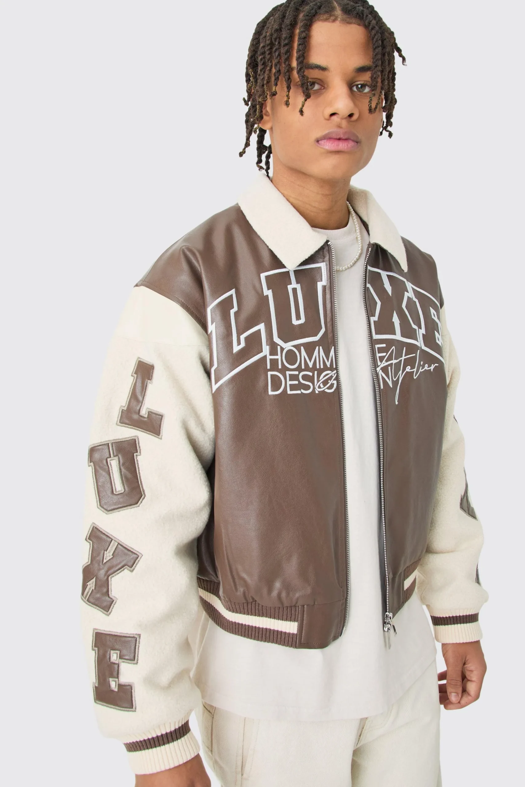 Boxy Teddy Varsity Jacket With Boucle Sleeves | BoohooMAN UK