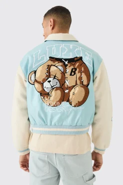 Boxy Teddy Varsity Jacket With Boucle Sleeves | BoohooMAN UK