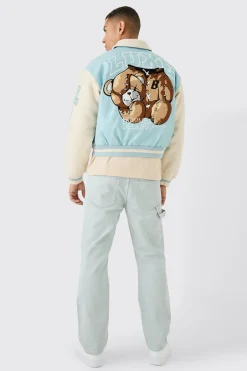 Boxy Teddy Varsity Jacket With Boucle Sleeves | BoohooMAN UK