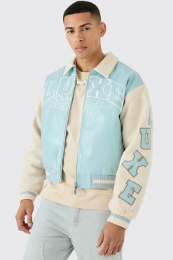 Boxy Teddy Varsity Jacket With Boucle Sleeves | BoohooMAN UK