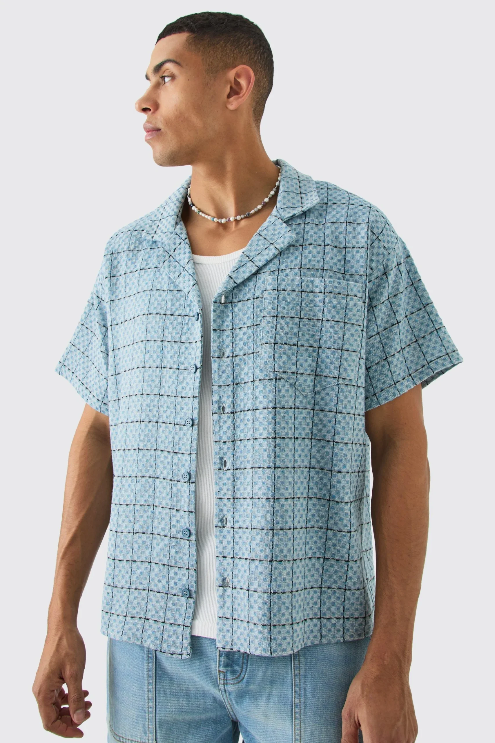 Boxy Textured Grid Check Shirt | BoohooMAN UK