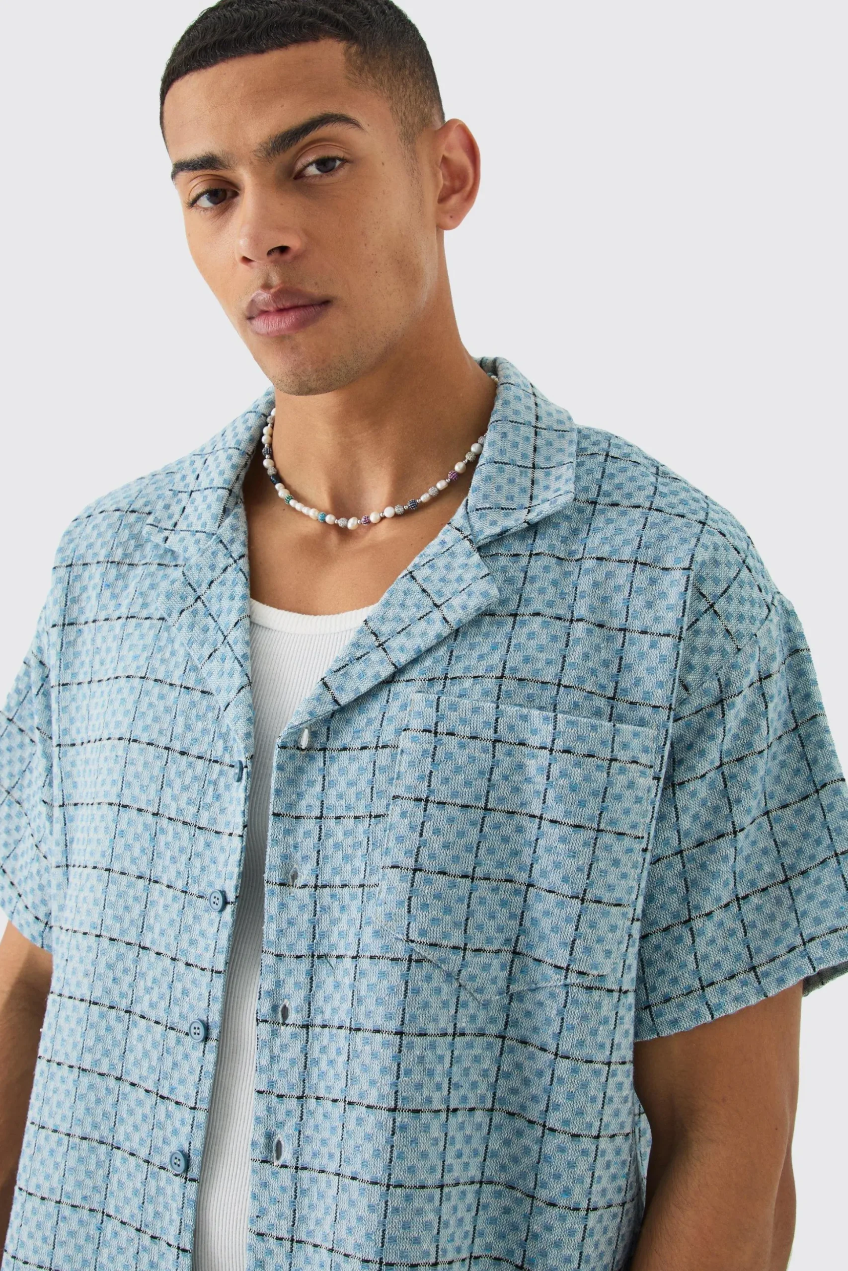 Boxy Textured Grid Check Shirt | BoohooMAN UK