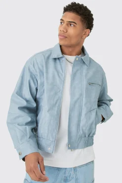 Boxy Textured Pu Bomber In Blue | BoohooMAN UK