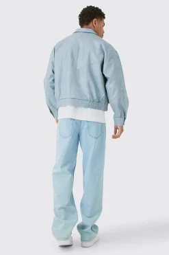 Boxy Textured Pu Bomber In Blue | BoohooMAN UK