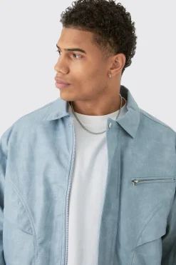 Boxy Textured Pu Bomber In Blue | BoohooMAN UK