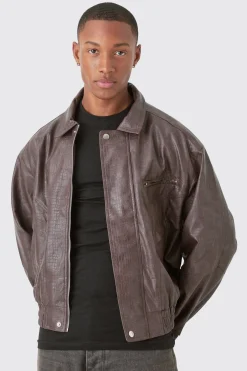 Boxy Textured Pu Bomber In Brown | BoohooMAN UK