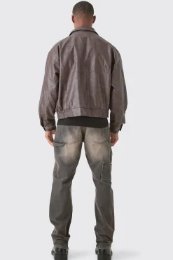 Boxy Textured Pu Bomber In Brown | BoohooMAN UK