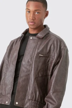 Boxy Textured Pu Bomber In Brown | BoohooMAN UK