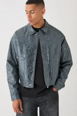 Boxy Textured Pu Harrington In Grey | BoohooMAN UK