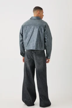 Boxy Textured Pu Harrington In Grey | BoohooMAN UK