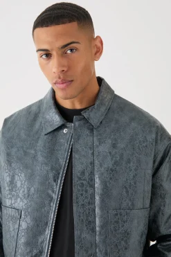 Boxy Textured Pu Harrington In Grey | BoohooMAN UK