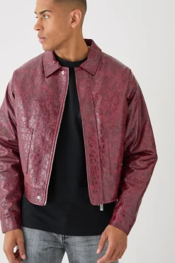 Boxy Textured Pu Harrington Jacket In Red | BoohooMAN UK