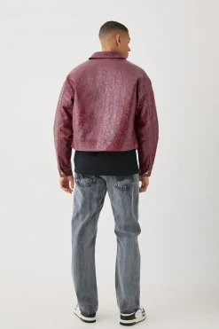 Boxy Textured Pu Harrington Jacket In Red | BoohooMAN UK