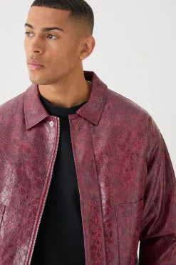 Boxy Textured Pu Harrington Jacket In Red | BoohooMAN UK