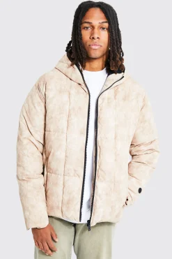 Boxy Tie Dye Square Panel Hooded Puffer | BoohooMAN UK