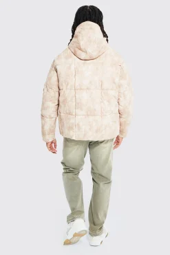 Boxy Tie Dye Square Panel Hooded Puffer | BoohooMAN UK