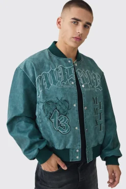 Boxy Tonal Badge Tumbled Pu Varsity Jacket In Blue | BoohooMAN UK
